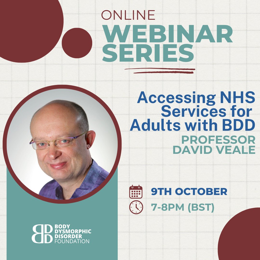 📢 We are excited to share our second webinar topic of the series. Prof David Veale will be providing guidance on the treatment and referral pathways to access specialist treatment for BDD on the NHS. 

📅 9th October 2024
⌚ 7-8pm (BST)

🖋️ Register via: us02web.zoom.us/webinar/regist…