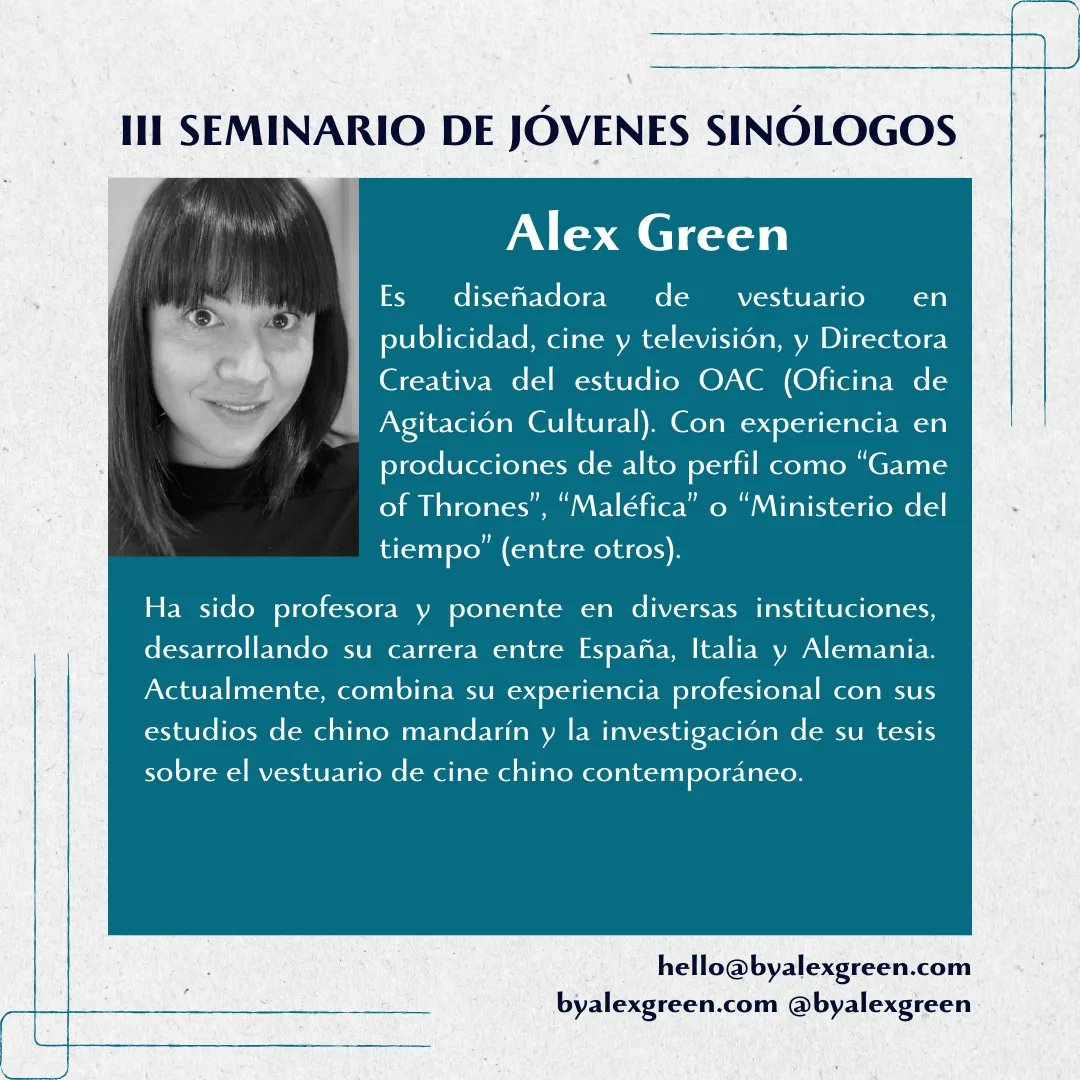 JSinologos's tweet photo. 🎬👗Nos complace anunciar a Alejandra García Montoro 📷@byalexgreen como ponente en el #IIISEJOS. Diseñadora de vestuario en grandes producciones como "Game of Thrones" y "Maléfica", actualmente investiga el vestuario en el cine chino contemporáneo mientras estudia chino mandarín https://t.co/tKq7AiGaNM