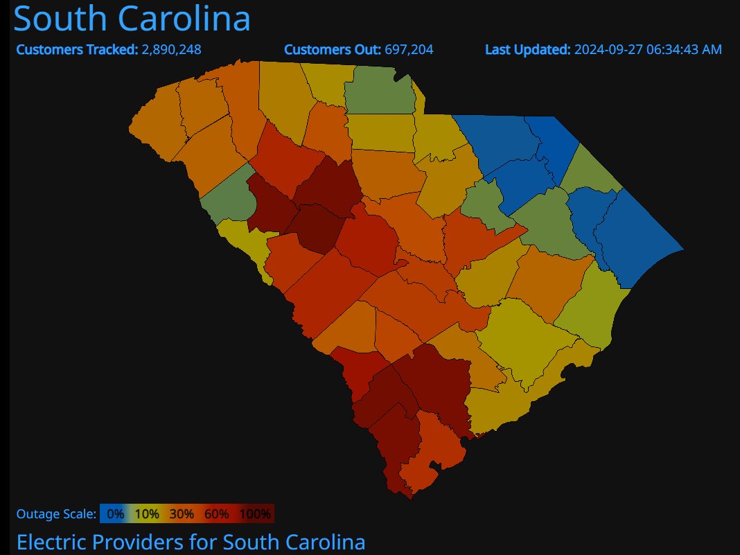 More than half a million customers are without power this morning across #SouthCarolina. In Colleton County more than 81 percent of customers are without power. #chsnews #HurricaneHelene #helene #power #outage source: <a href="/PowerOutage_us/">PowerOutage.us</a>