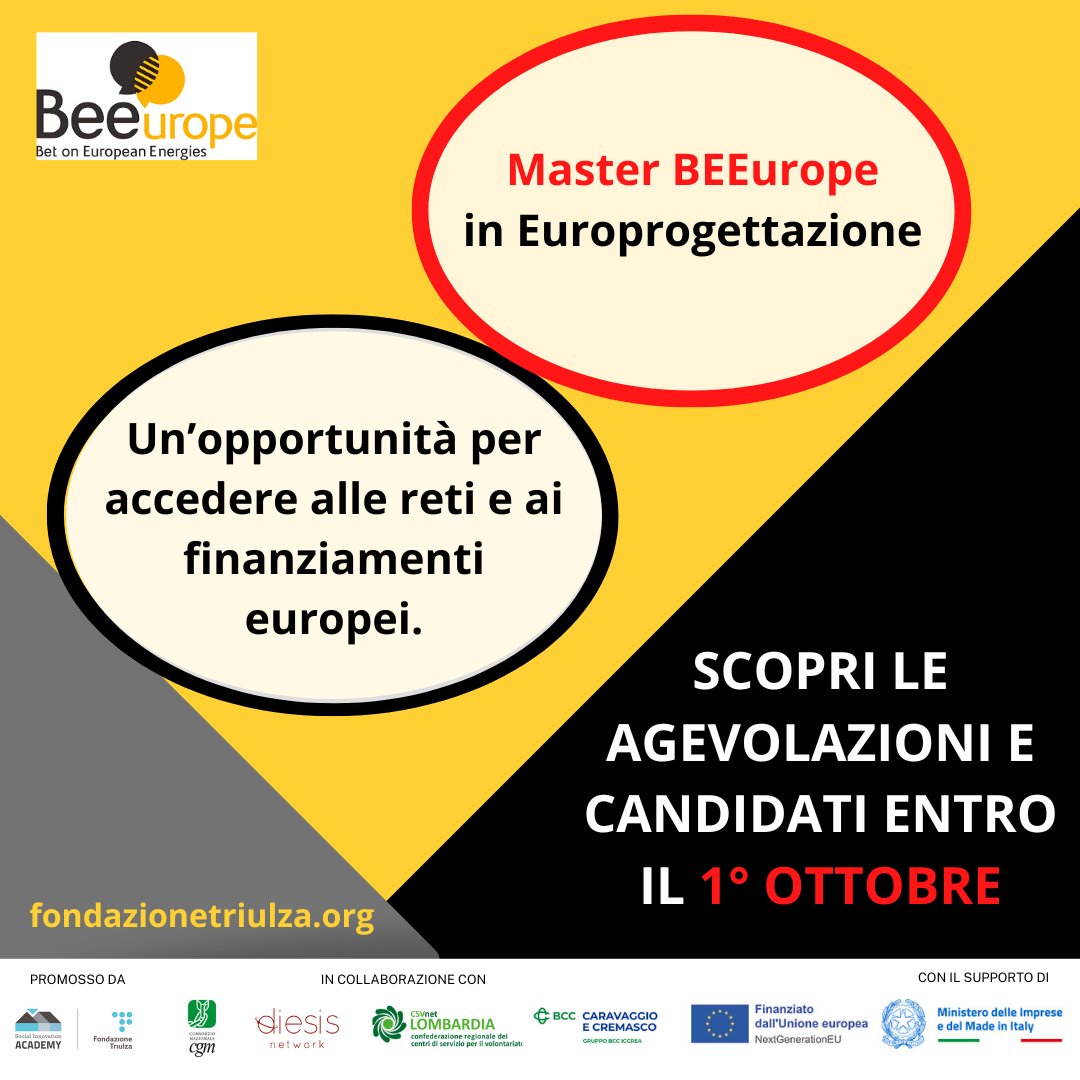 Aperte fino al 1° ottobre le iscrizioni al Master #BEEurope: grazie a CATCH atMIND previste agevolazioni per imprese ed enti del Terzo Settore operanti in ambito socio-sanitario. Scopri di più: bit.ly/4cbUOlr