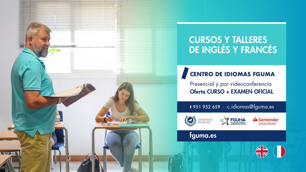 ¡Últimos días para matricularte en #IdiomasFGUMA! ✍️Tienes hasta el 3 de octubre para inscribirte en los cursos anuales o cuatrimestrales.

¡No te quedes fuera! 🇬🇧Anímate a aprender #inglés o #francés con nuestro profesorado 🇫🇷

🔗 fguma.es/idiomas-cursos…