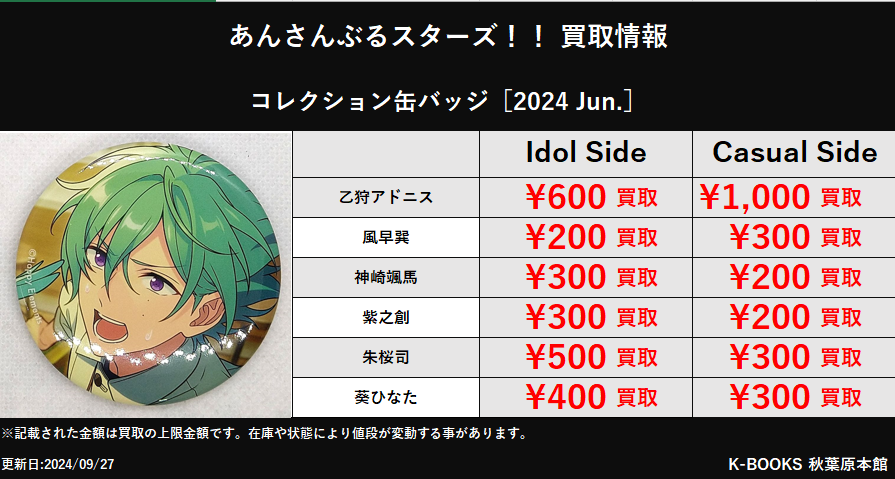 風早巽 缶バッジ 2024 jun 買取情報】 あんスタ コレクション缶バッジ［2024 Jun.］ #kbooks 乙狩
