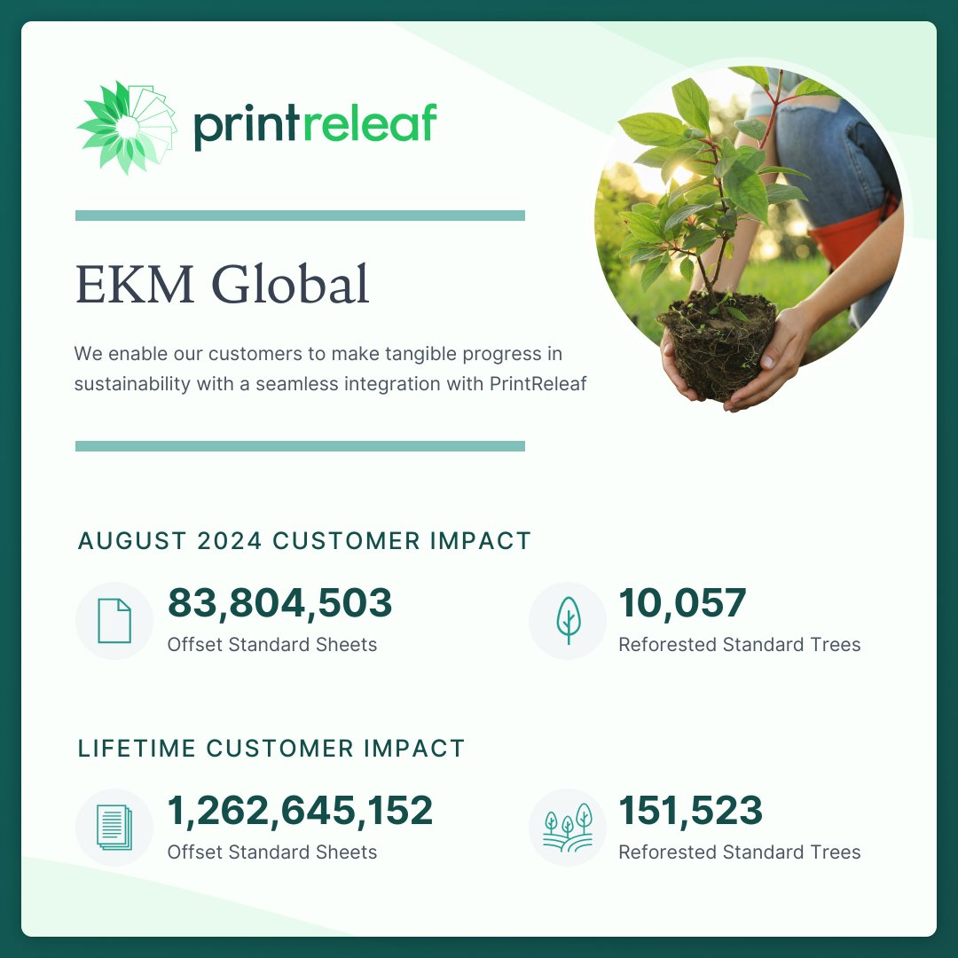 We are incredibly proud to share our August 2024 customer impact! 🙌🌲🌎 <a href="/printreleaf/">PrintReleaf</a> allows us to make a positive impact on the environment by certifiably regrowing and sustaining global forests. Join our sustainability journey here: info.printreleaf.com/integrate-ekm