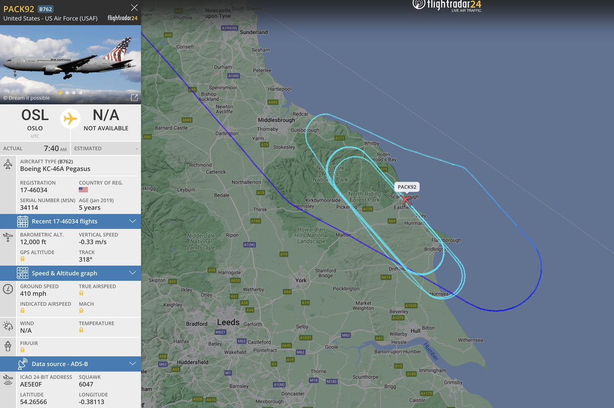 alternativewip's tweet photo. #USAF KC-46A pegasus seen on the flight radar circling over the east coast of england at the north sea, departure from oslo norway, similar flight seen yesterday. #PACK92 #AE5E0F https://t.co/ha6WA782AH
