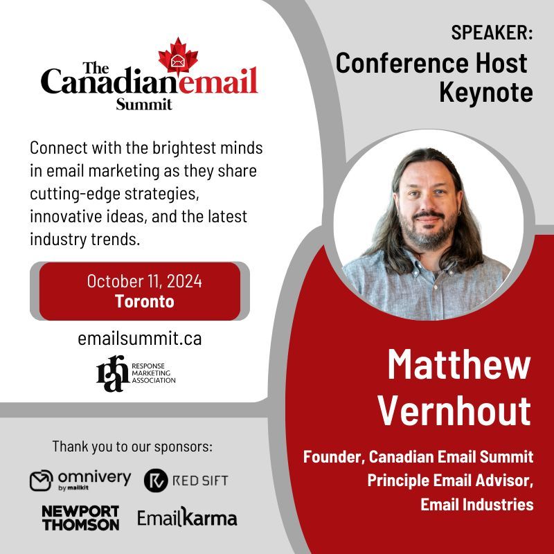 Matt Vernhout @emailkarma joins @EmailSummit_CA on October 11, 2024! 🇨🇦

Catch up with him and learn all about the latest email industry trends.

Get your ticket at: emailsummit.ca

#CanadianEmailSummit #EmailDeliverability #EmailMarketing