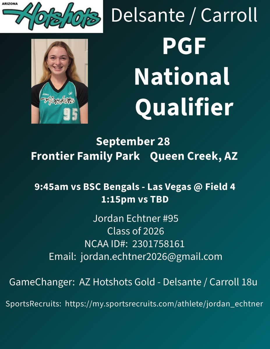 Jordan Echtner (@echtnerjordan) on Twitter photo I'm excited for our team to play in the PGF National Qualifier this weekend in Phoenix, AZ area. If you're in the area stop by or tune in via Game Changer to watch some exciting softball!
<a href="/UNC_BearsSB/">UNC Bears Softball</a> <a href="/DedeannPH1/">Dedeann Pendleton-Helm</a> <a href="/coach_simm/">Harold Simmons</a> <a href="/coachmartinezzz/">tori martinez</a> <a href="/UNMLoboSB/">UNM Softball</a> <a href="/CoachDickson/">Nicole Dickson</a> I'm excited for our team to play in the PGF National Qualifier this weekend in Phoenix, AZ area. If you're in the area stop by or tune in via Game Changer to watch some exciting softball!
<a href="/UNC_BearsSB/">UNC Bears Softball</a> <a href="/DedeannPH1/">Dedeann Pendleton-Helm</a> <a href="/coach_simm/">Harold Simmons</a> <a href="/coachmartinezzz/">tori martinez</a> <a href="/UNMLoboSB/">UNM Softball</a> <a href="/CoachDickson/">Nicole Dickson</a>