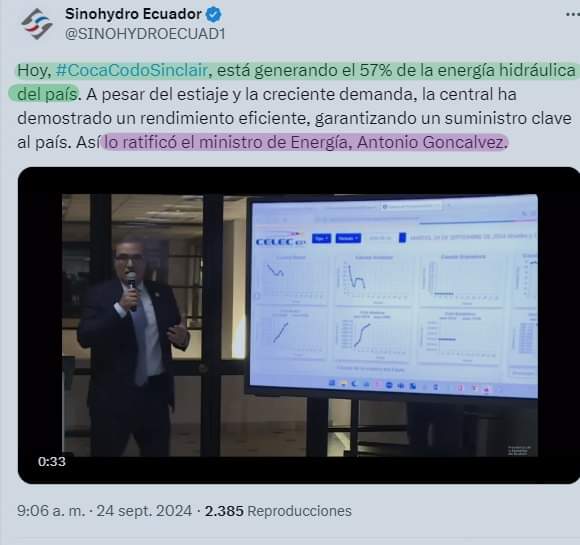 RRueda_Ermel's tweet image. 🆘ELEFANTE BLANCO, SALVA DE LAS TINIEBLAS A ECUADOR🆘🆘
#CorrectaDecisión
Min. Energía #AntonioGoncálvez, este 24-09-2024, &quot;admitió&quot; que, #CocaCodoSinclair, genera 57% de energía. A pesar del estiaje y creciente demanda, la central es eficaz y garantiza suministro clave al país.