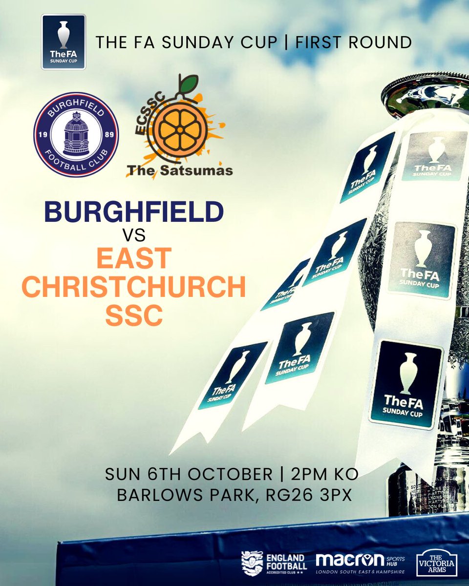 BurghfieldFC's tweet photo. Just over a week to go until we get our FA Sunday Cup campaign underway 🔜

🆚 @EastXchSSCFC 
🏆 FA Sunday Cup First Round
🗓️ Sunday 6th October
🕑 2PM KO
📍 Barlows Park, Tadley, RG26 3PX
🍺 Bar Open
🎟 Adults £5, Under 16s £1

#UpTheFielders https://t.co/yBkOIftHpI