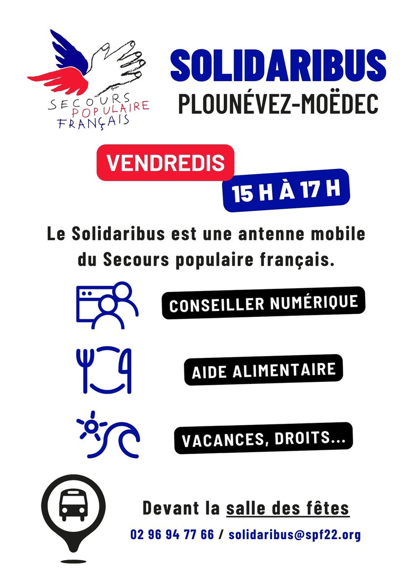 À partir d'aujourd'hui, notre #Solidaribus sera tous les vendredis à #PlounévezMoëdec. RDV les vendredis de 15 h à 17 h. #BelleIsleenTerre #Lanvellec #LocEnvel #LoguivyPlougras #Plouaret #Plounérin #Trégrom #LeVieuxMarché #CôtesdArmor <a href="/SecoursPop/">Secours populaire</a>