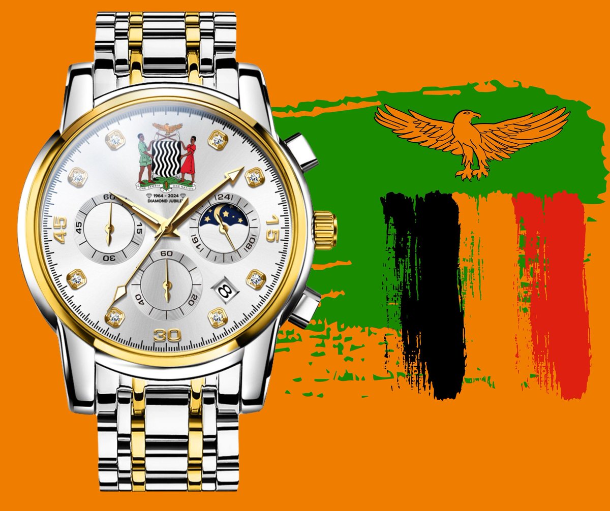 🇿🇲 Get yourself this Zambia Diamond Jubilee timepiece in celebration of Zambia's 60 years of independence.

💰 K1,250
⌚ Stainless Steel
🏊🏿‍♂️ 30M Waterproof
📦 Boxed/ 1 year warranty
🛵 Free delivery in Lusaka
📲 wa.me/c/260771923081