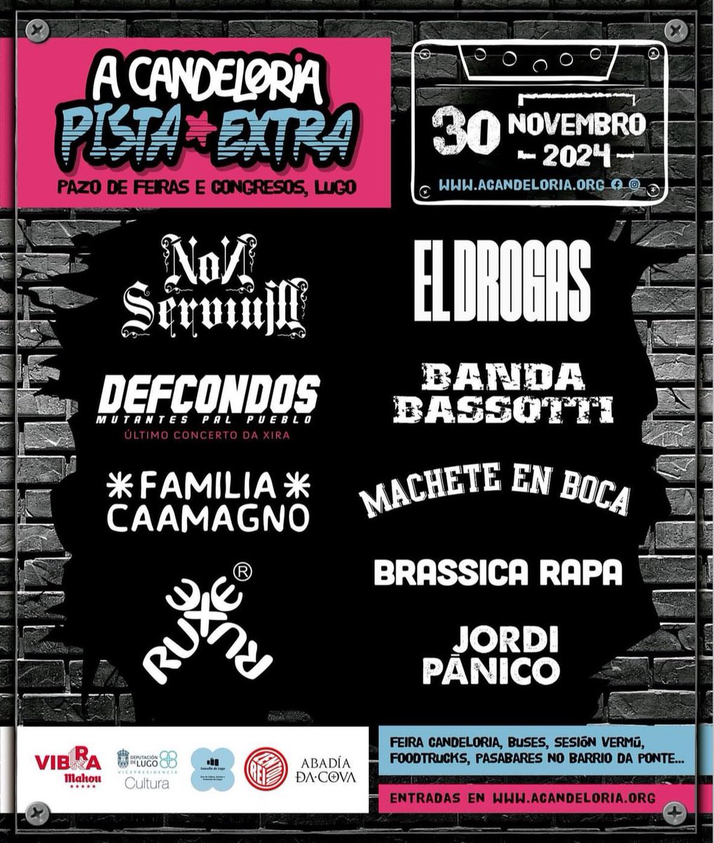 El 30 de noviembre <a href="/ACandeloria/">A Candeloria Lugo</a> #pistaextra en <a href="/LugoTurismo/">Cultura Turismo Lugo</a> con <a href="/ElDrogasOficial/">El Drogas</a> <a href="/NonServium_Army/">Non Servium</a> <a href="/DEF_CON_DOS/">DEF CON DOS</a> <a href="/Familiacaamagno/">Familia Caamagno</a> <a href="/ruxeruxe/">ƦƲҲЄ ƦƲҲЄ</a> y más, info:galiciaenconcierto.com/evento/a-cande…