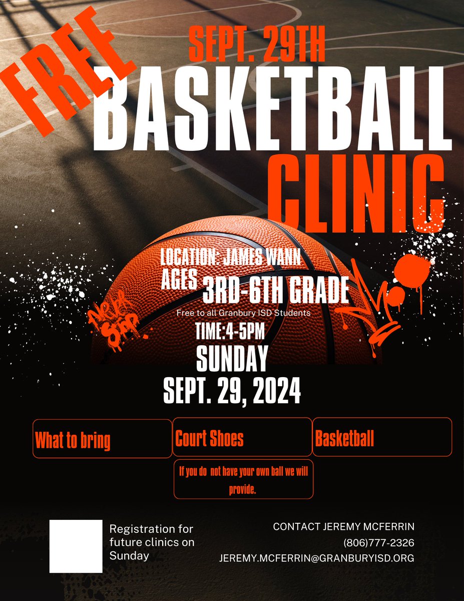 This Sunday free basketball clinic for girls and boys of <a href="/granburyisd/">Granbury ISD</a> in James Wann. 

Date: Sunday Sept. 29th
Time: 4-5pm
Ages: 3rd-6th Grade

Season is right around the corner <a href="/GISD_Sport/">Granbury ISD Athletics</a>