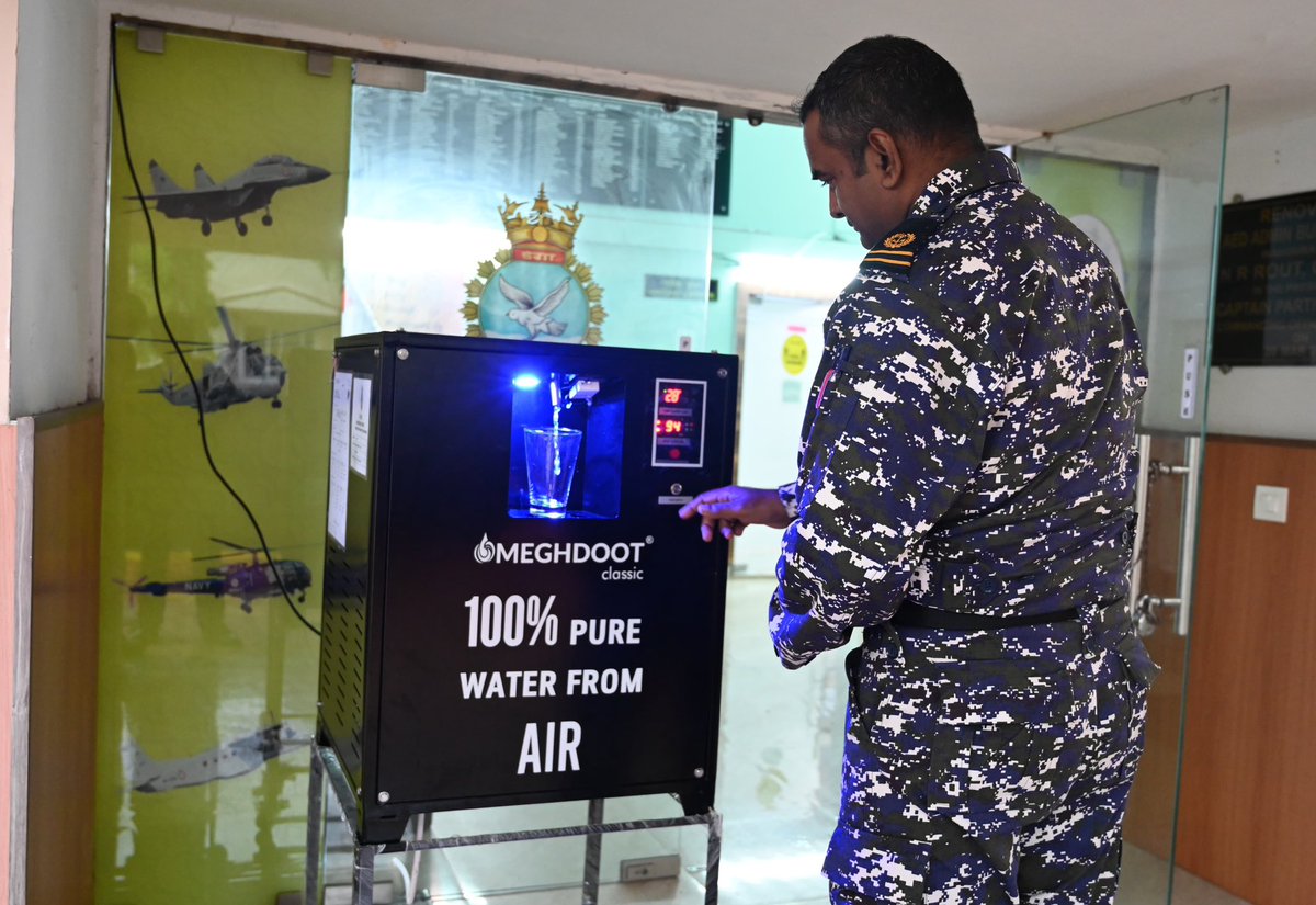 IN_Dega's tweet photo. 🚰🌍 #GoGreenDega 🌿 Atmospheric Water Generator (AWG) producing 40 LPD of 100% microbe-free drinking water from ambient water vapor was inaugurated by #CODega 🚰 Saving 44k liters annually compared to RO plants #Sustainability #EcoFriendly 
#INSDega https://t.co/Bf4KkWTbwU