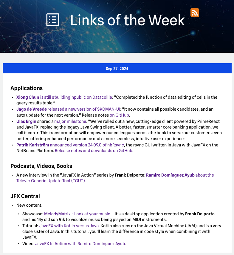 Here is the #JavaFX #LinksOfTheWeek as published on jfx-central.com/links.

Thanks to
<a href="/xiongchun007/">程序员老熊</a>
<a href="/JagoVreede/">Jago de Vreede</a>
<a href="/ulasergin/">Ulas Ergin</a>
<a href="/PatrikKarlstrom/">Patrik Karlström</a>
<a href="/FrankDelporte/">Frank Delporte #JavaOnRaspberryPi</a> 
@TelevicGSP 
Ramiro Domínguez Ayub

Have a lovely weekend!