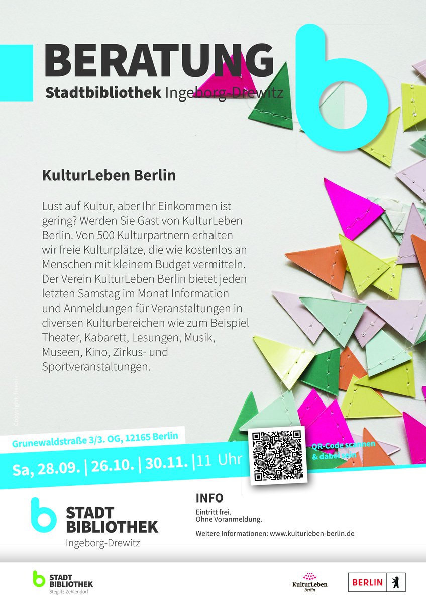 Wir freuen uns sehr über eine neue Anmeldestelle in der Ingeborg-Drewitz-Bibliothek, ab morgen jeden letzten Sa im Monat von 11:00 bis 13:00 Uhr. Kommt vorbei, wenn ihr Lust auf #Kultur habt, aber das Geld knapp ist und meldet Euch an! 
kulturleben-berlin.de/sozialpartner/
#Teilhabe #steglitz