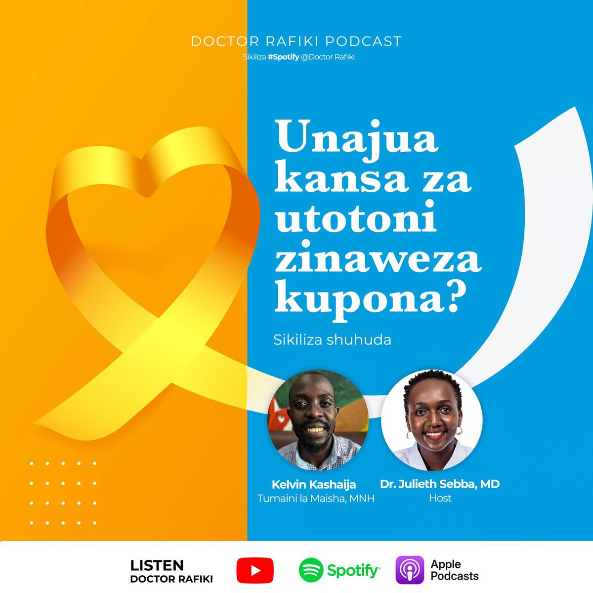 Julieth Sebba Bilakwate, MD (@juliethsebbamd) on Twitter photo Sepetember ni mwezi wa elimu juu ya kansa za watoto na kabla haujaisha, karibu kusikiliza <a href="/DoctorRafiki/">Doctor Rafiki Africa</a> safari ya Kelvin akielezea alipogundulika na kansa (miaka 10) akapata matibabu na kupona.
Link; youtu.be/u_ATkYcqByk?si…
AU
open.spotify.com/episode/5lZQYH…
#Childhoodcancersurvivor Sepetember ni mwezi wa elimu juu ya kansa za watoto na kabla haujaisha, karibu kusikiliza <a href="/DoctorRafiki/">Doctor Rafiki Africa</a> safari ya Kelvin akielezea alipogundulika na kansa (miaka 10) akapata matibabu na kupona.
Link; youtu.be/u_ATkYcqByk?si…
AU
open.spotify.com/episode/5lZQYH…
#Childhoodcancersurvivor