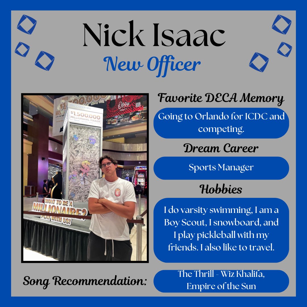 Our last officer introduction is for another one of our new officers, Nick Isaac!