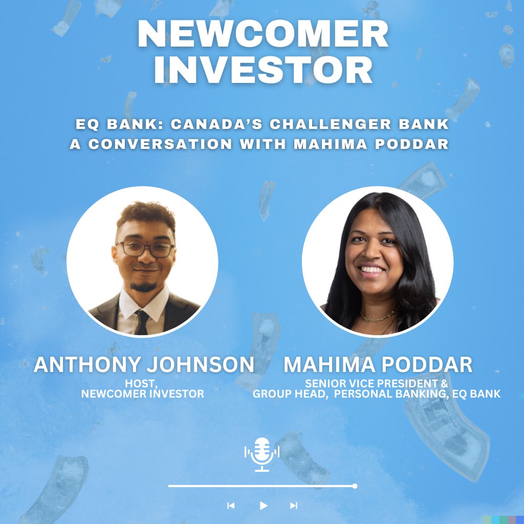 SPECIAL EPISODE: Super pleased to welcome Mahima Poddar, SVP &amp; Group Head, Personal Banking at <a href="/EQBank/">EQ Bank</a> on the Newcomer Investor podcast! 

Such a great conversation! 🎉

Tune in on your fav platform ➡️ linktr.ee/newcomerinvest…

If you like $EQB… give it a listen and SHARE/RT! 💛