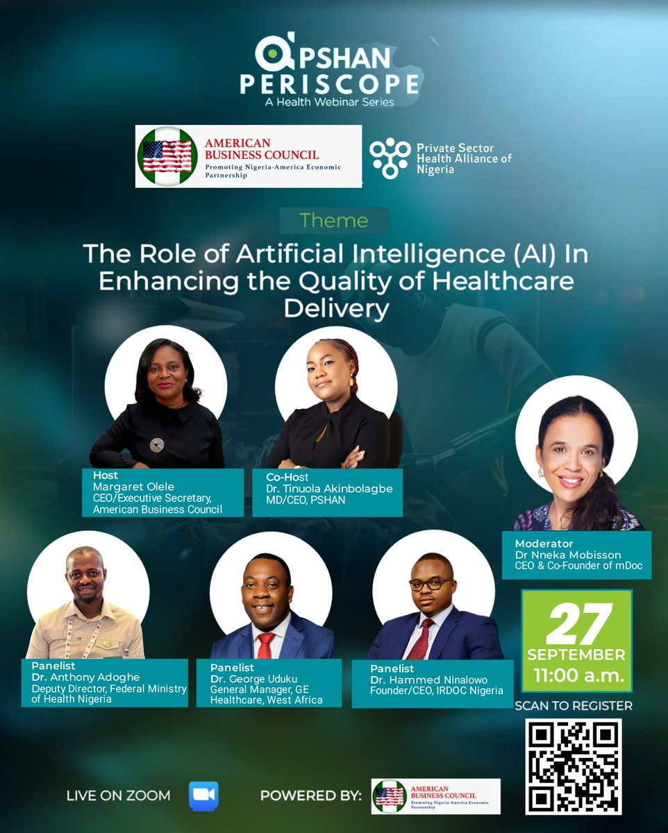 pshan_alliance's tweet image. Please remember to join the conversation today on The Role Artificial Intelligence is Playing in Enhancing The Quality of Healthcare Delivery today at 11am#PSHAN

#PERISCOPE #AMERICANBUSINESSCONCIL #AI