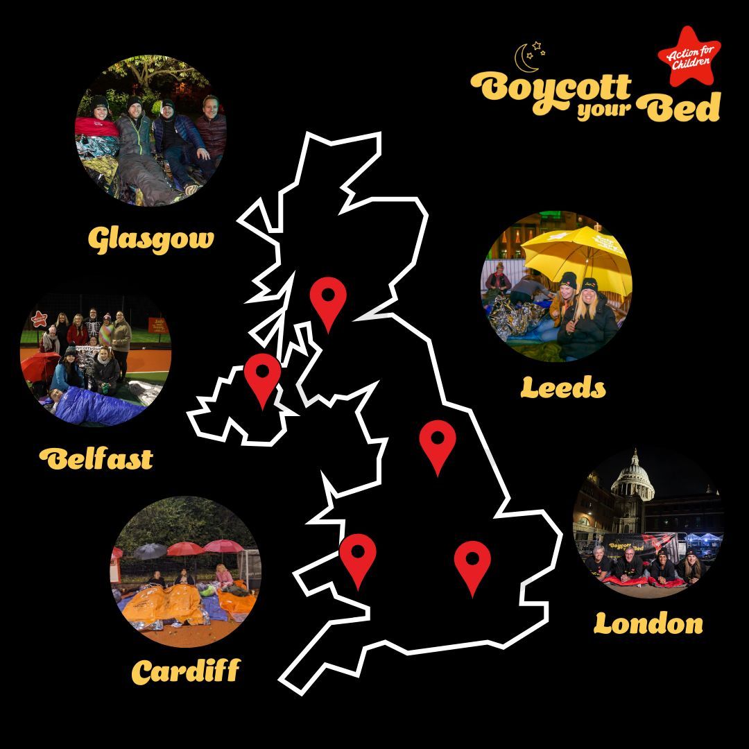 ONE WEEK TO GO! 🌟 

Here's a reminder of the #BoycottyourBed locations📍
⭐️Museum of London &amp; Paternoster Square
⭐️Leeds Civic Hall &amp; Millennium Square
⭐️The Pavilion, Stormont Estate
⭐️Headlands School, Penarth
⭐️Renfield Training Centre &amp; Blythswood Square Gardens