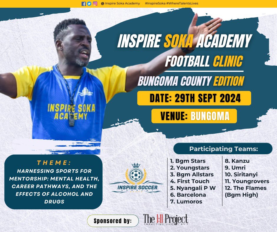InspireSoka's tweet photo. The Inspire Soccer Academy Football Clinic Bungoma Edition is here! ⚽

Join us this Sunday, 29th September, as we bring together 12 incredible teams for a day of football, mentorship, and community building in Bungoma County.

Stay tuned and don’t miss out! 🏆

#WhereTalentLives https://t.co/0WkLg9wyYQ