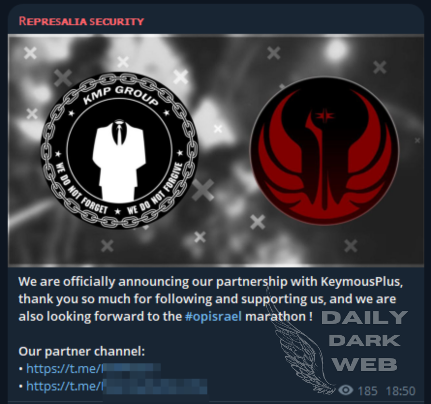 DailyDarkWeb's tweet photo. #Israel 🇮🇱 - Represalia Security group has announced its partnership with KeymousPlus.

The groups will conduct operations against Israel and its supporters.

#DarkWeb #partnership #cyberattack #cyberthreat https://t.co/B4G8NnUNMt