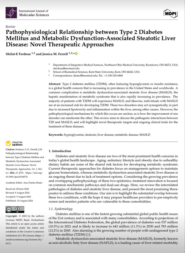 New review explores T2D &amp; MASLD connection:
• Majority of T2D patients develop MASLD
• MASLD increases T2D risk
• Shared pathways: lipotoxicity &amp; inflammation
• Novel therapies target both conditions
• Highlights need for early screening &amp; monitoring
pubmed.ncbi.nlm.nih.gov/39201418/