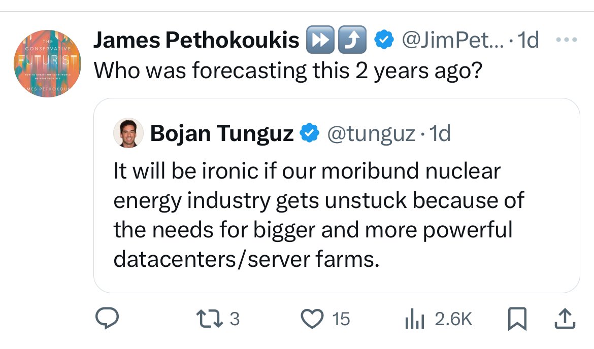 James Pethokoukis ⏩️⤴️ (@jimpethokoukis) on Twitter photo "I never dreamed back then that in 2024, artificial intelligence would cause a stock market boom for utilities with nuclear power assets." <a href="/jeffsommer/">jeff sommer</a>
"Nuclear Power Is the New A.I. Trade. What Could Possibly Go Wrong?" <a href="/nytimes/">The New York Times</a> "I never dreamed back then that in 2024, artificial intelligence would cause a stock market boom for utilities with nuclear power assets." <a href="/jeffsommer/">jeff sommer</a>
"Nuclear Power Is the New A.I. Trade. What Could Possibly Go Wrong?" <a href="/nytimes/">The New York Times</a>