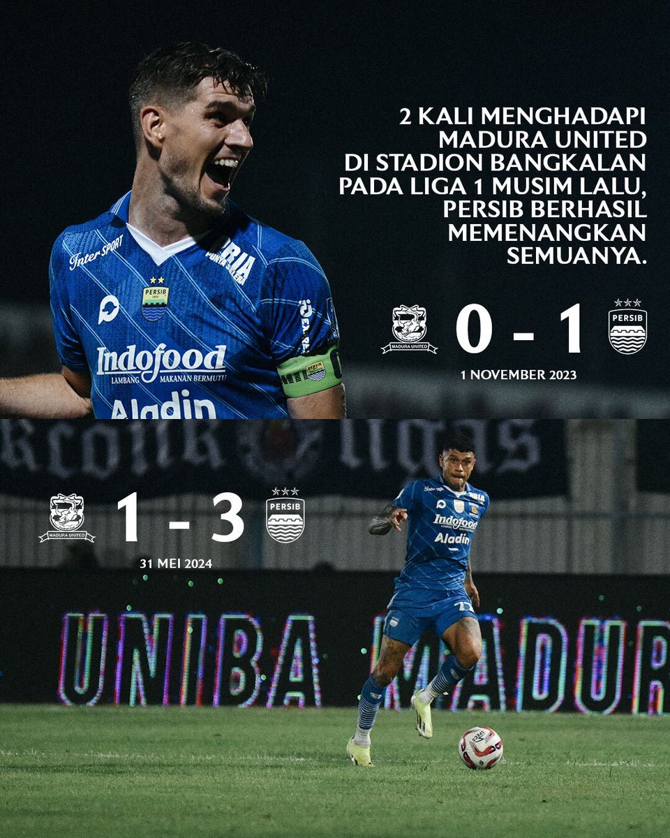 persib's tweet photo. Stadion Bangkalan memiliki catatan manis bagi penggawa #PERSIB musim lalu. Stadion inilah yang menjadi saksi Pangeran Biru menjadi juara Liga 1 2023/2024🏆

Besok tim asuhan Bojan Hodak akan kembali ke Stadion Bangkalan menghadapi tuan rumah Madura United. Lawan yang sama saat #PERSIB mengunci gelar juara musim lalu.

Berbekal motivasi untuk mempertahankan tren belum terkalahkan di Liga 1 musim ini dan cerita manis di Stadion Bangkalan, Pangeran Biru siap kembali berjuang meraih kemenangan! ⚔️💪

#WeArePERSIB