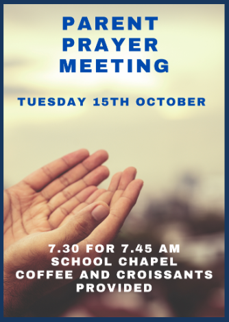 Our next Parent Prayer Meeting is coming up soon! 
Can't make it in person? You can still partner with us by joining our prayer mailing list. We'll send you the prayer slides via email.
Any questions, or to join the parent prayer list please email Ada Rugg  arugg@christs.school.