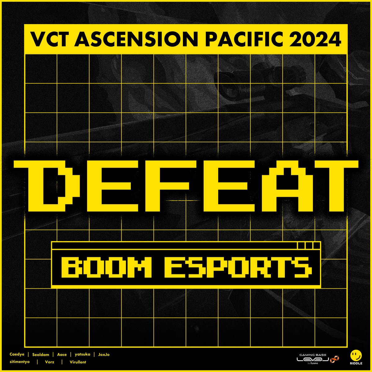 RIDDLEORDER's tweet photo. [ RIDDLEORDER - #VALORANT ]   
#VCTAscensionPacific Jakarta Day6  

vs BOOM Esports
@boomesportsid
0-2 DEFEAT

アセンションは4位という結果となりました。
長らくの日本からの応援、声援ありがとうございました！  

#RIDWIN ツ https://t.co/NXnRDekm4I