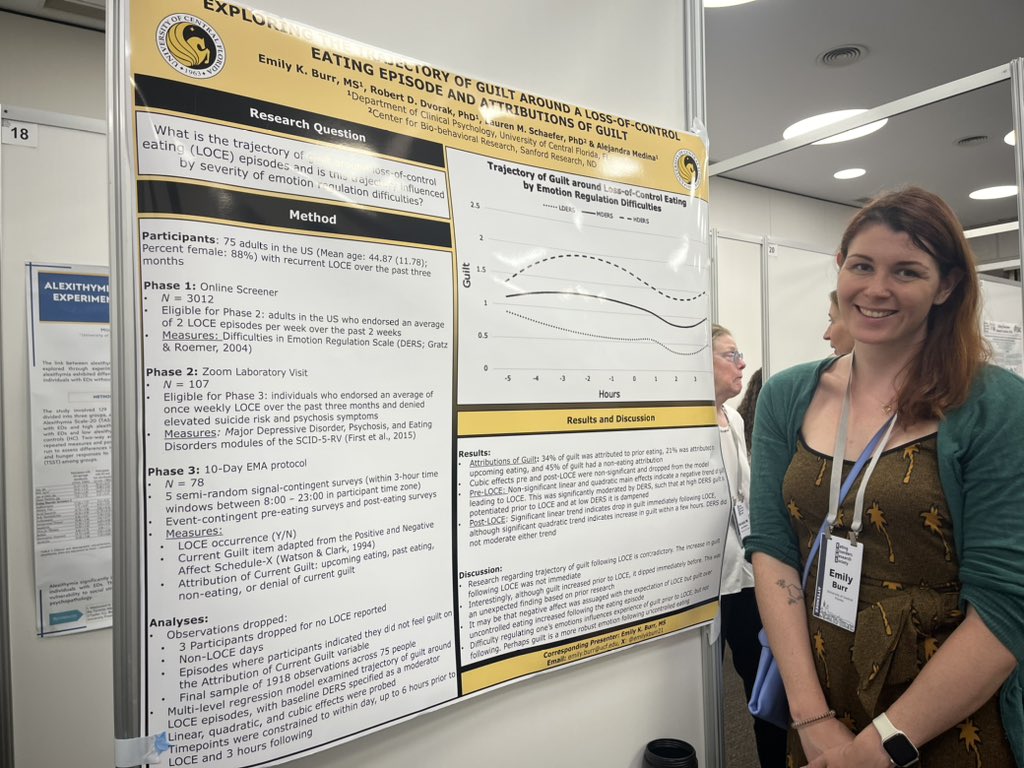 Excited to present our findings on the trajectory of guilt around loss of control eating at Eating Disorders Research Society annual conference in Sitges, Spain! Trajectory of guilt was moderated by emotion regulation difficulties pre-LOCE but not post #eatingdisorders #EDRS