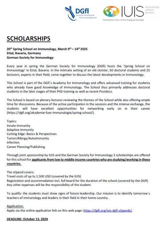 immh_mainz's tweet photo. 🚨 Announcement! 🚨
With joint sponsorship, @iuis_online and @dgfi_org offer 3 full scholarships for participation in the 20th Spring School on Immunology 2025 (March 9-14, Ettal, Germany). More infos below/on their website: https://t.co/hTWJnfZECO https://t.co/5jbU2jRj8L