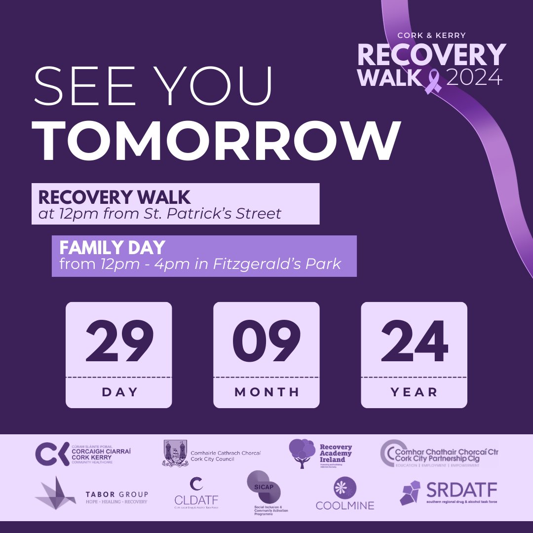 The first ever Regional Cork &amp; Kerry Recovery Walk takes place tomorrow from St. Patrick’s Street to Fitzgerald’s Park at 12pm💜

Register now at: eventbrite.ie/e/cork-kerry-r…

#RecoveryMonth #September #TaborGroup #Cork #Recovery #Event