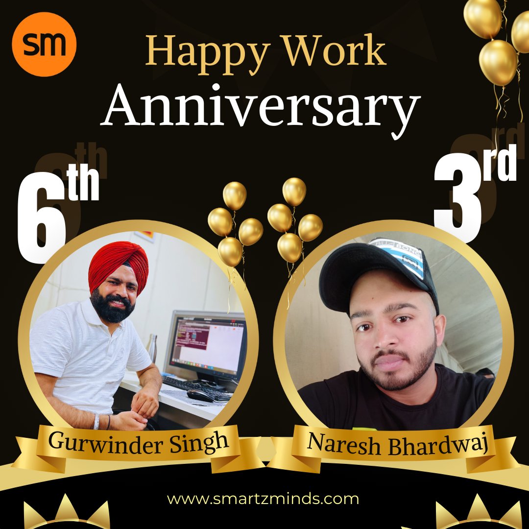 SmartzMinds's tweet photo. Happy Work Anniversary, Gurwinder Singh &amp; Naresh Bhardwaj! Cheers to another year of success, hard work, dedication and teamwork inspire us all!

#SmartzMinds #WorkAnniversary #AnniversaryCelebration #YearsOfService #CompanyMilestone #TeamAppreciation #DedicatedEmployee https://t.co/7nIdGgJRi6