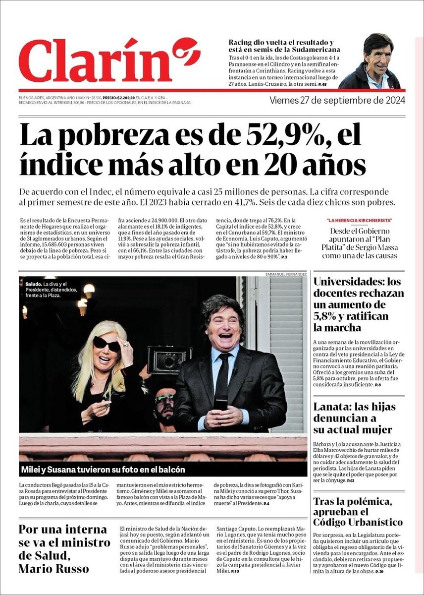 clarincom's tweet photo. ¡Buen día! Te compartimos la tapa de este viernes 27 de septiembre. Informate y seguí leyendo en https://t.co/6GnVL7TkUh https://t.co/1lkHAnG1Ih