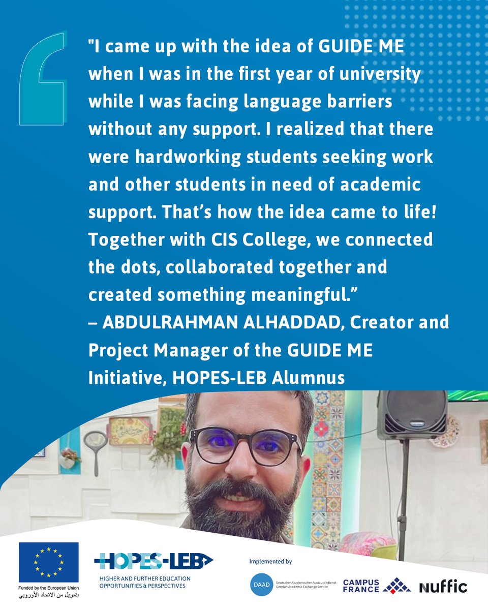 A glimpse on the projects implemented within the scope of the “Funding for Training and Capacity Building” component of the #HOPESLEBproject funded by the European Union in Lebanon: GUIDE ME by CIS College

<a href="/EUinLebanon/">EU in Lebanon</a> <a href="/DAAD_Germany/">DAAD News</a> <a href="/CampusFrance/">Campus France</a> <a href="/Nuffic/">Nuffic</a>