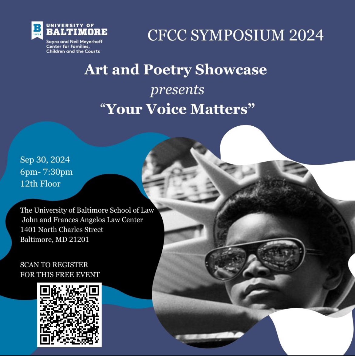 Aubrey_EL's tweet photo. @UBaltLawCFCC is celebrating #YJAM2024 with a Youth Art &amp; Poetry Showcase and the #CFCC2024Symposium next week. Keynoted by @NateBalis from @AECFNews, we will learn how to support youths’ community connection before, during, &amp; after a #juvenilejustice case. https://t.co/Jx8ofbis6k