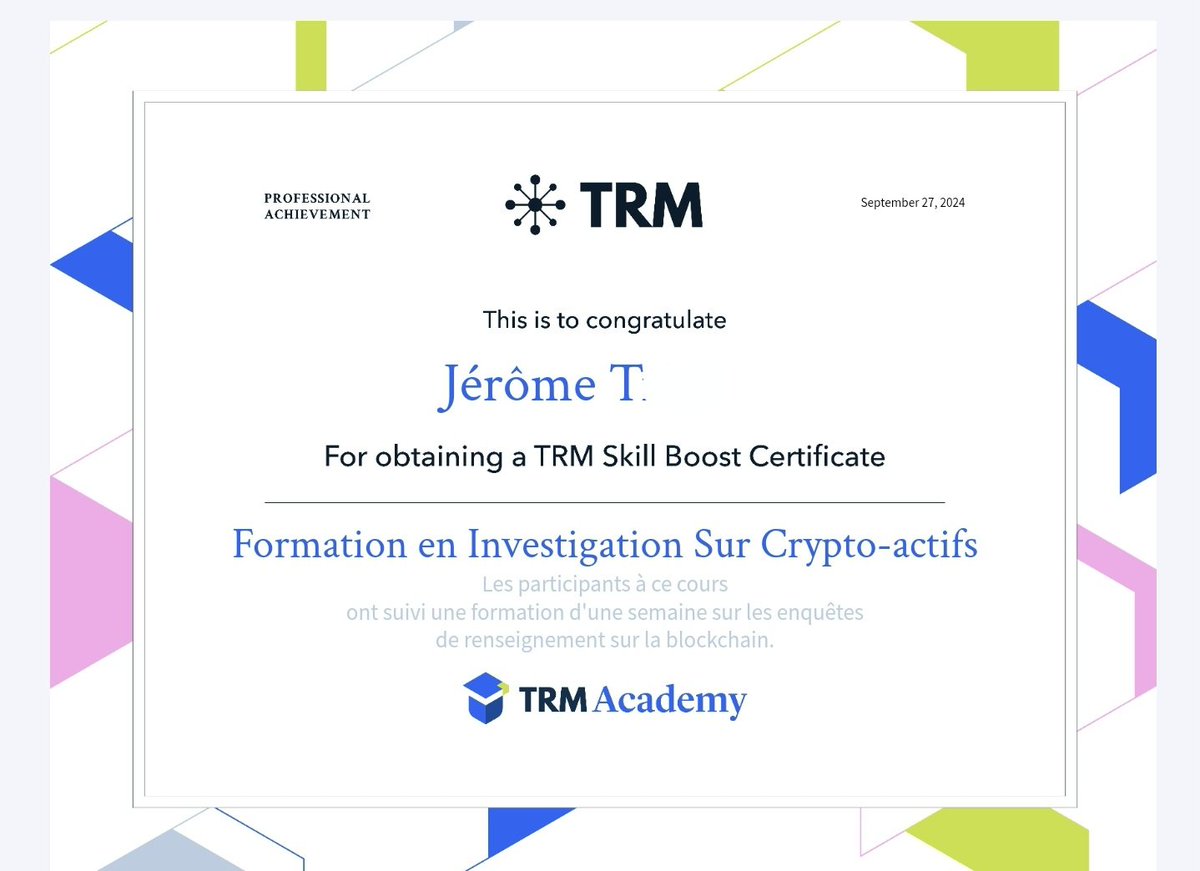 Je viens d'obtenir une nouvelle qualification TRM Labs : "Investigation Sur Crypto-actifs". Via <a href="/Accredible/">Accredible</a> pour <a href="/trmlabs/">TRM Labs</a>