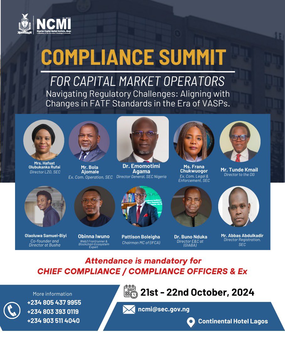 samuel_biyi's tweet photo. Nigeria is making progress in strengthening its regulatory framework to meet @FATFNews standards. The SEC is at the forefront, especially with the recent rollout of its VASP framework.
Iโm honored to be speaking at the Compliance Summit for capital market operators, organized by the SECโs Nigerian Capital Market Institute, where weโll be discussing the regulatory challenges and the opportunities ahead. Join us to explore how we can shape the future of compliance in the digital asset space.