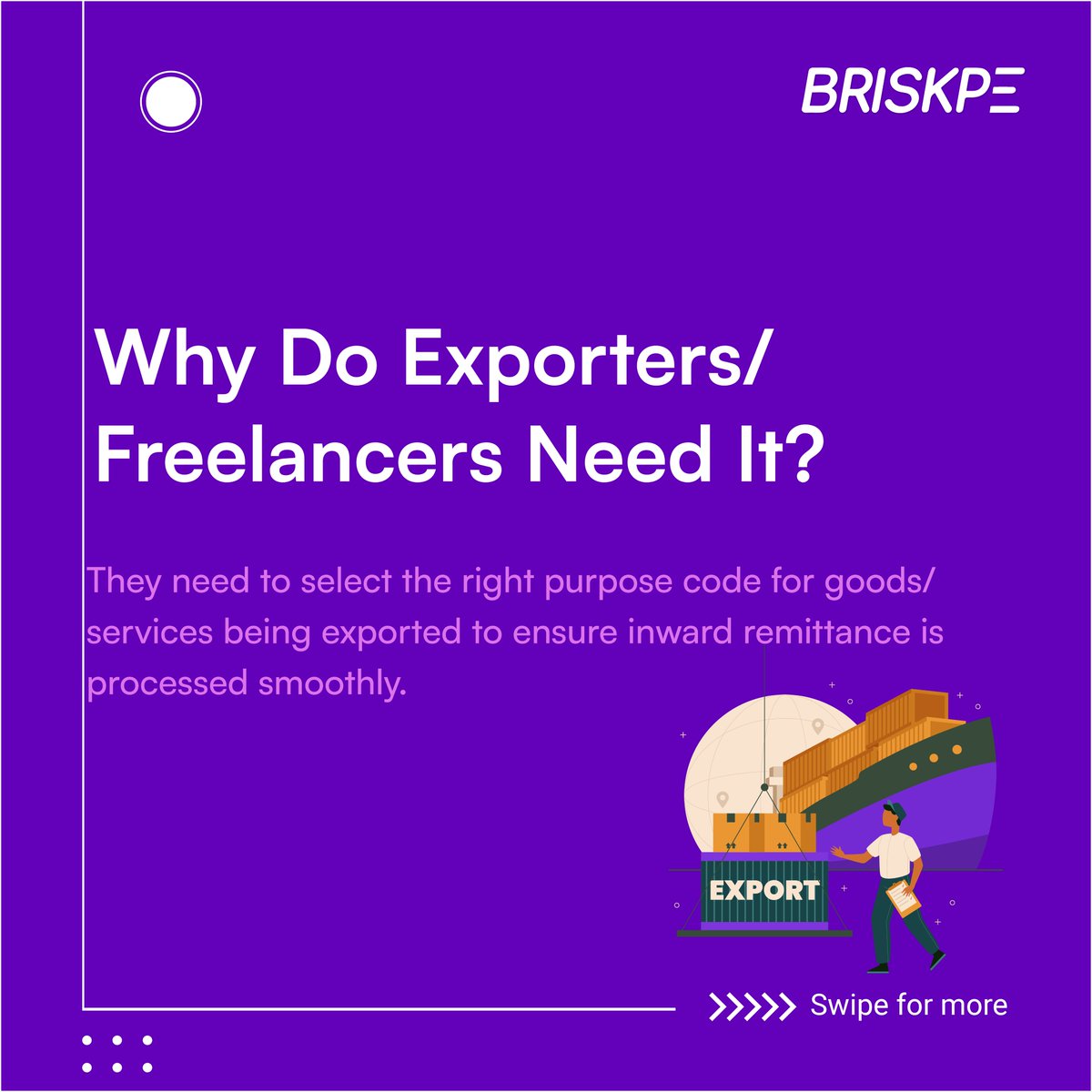 BriskPe's tweet image. Part 1- 
Are your international payments being delayed? The purpose code might be the reason!🤔 
 
Discover how selecting the right code is crucial for smooth and timely inward remittance. 
 
For more information, visit our website- bit.ly/3XrsPIw
#purposecode #briskpe