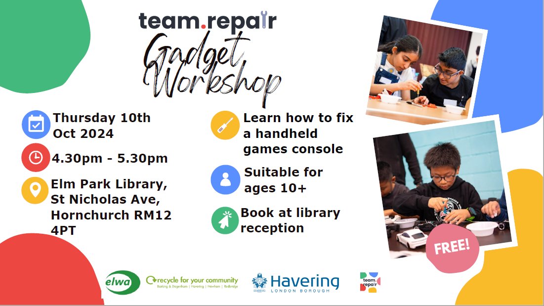 Havering Libraries (@haveringlibrary) on Twitter photo Calling all young people to join Lisa from Recycle for Your Community for a fun hands on workshop at Elm Park Library!
🔧 Dismantle a Games Console and work out what needs fixing. Then it's time to play!
Book in any Havering Library or call 01708 434919
<a href="/RecycleFYC/">RecycleFYC</a> Calling all young people to join Lisa from Recycle for Your Community for a fun hands on workshop at Elm Park Library!
🔧 Dismantle a Games Console and work out what needs fixing. Then it's time to play!
Book in any Havering Library or call 01708 434919
<a href="/RecycleFYC/">RecycleFYC</a>