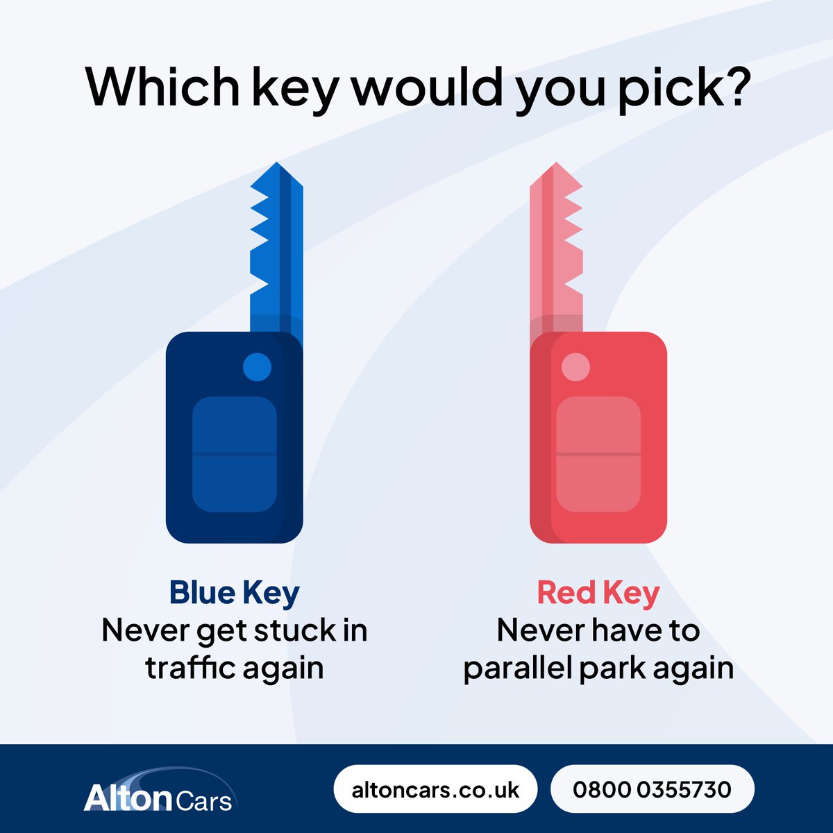 AltonCarsLtd's tweet image. 🔑 Which key would you pick? Let us know! 👇

#AltonCars #TrafficJam #ParallelParking
