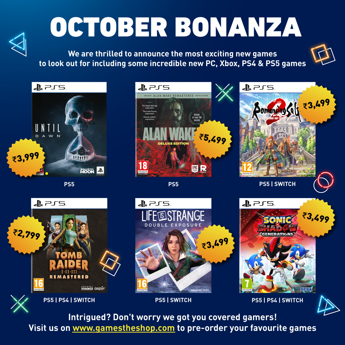 GamesTheShop's tweet image. Get ready for a month of gaming excitement! October is bringing us some incredible new games.😍

Pre-order your favourite games now visit gamestheshop.com

#ExcitingGames #playstation #xbox #nintendoswitch #gaming