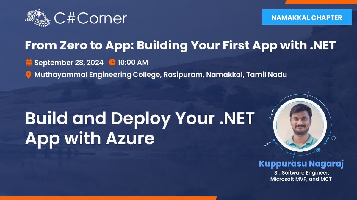 Join <a href="/kuppurasu360/">Kuppurasu Nagaraj (MVP)</a> at <a href="/CsharpCorner/">C# Corner</a> Namakkal Chapter Meet to explore building and deploying .NET apps with Azure. Elevate your cloud skills!

Register now: buff.ly/3XIMlQN

#CSharpCorner #DotNet #AppDevelopment #CSharpCornerChapter #Azure
