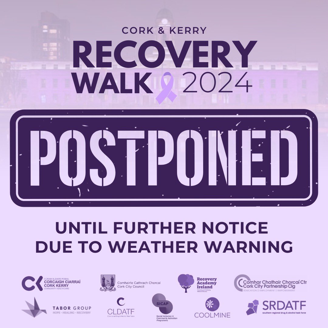 Tabor Group (@tabor_group) on Twitter photo The Cork & Kerry Recovery Walk due to take place this Sunday September 29th has been postponed until further notice due to a Yellow Weather Warning from Met Éireann.
Please stay tuned to Tabor Group and <a href="/IreRecoveryAcad/">RecoveryAcademyIre</a> social media channels for further updates. The Cork & Kerry Recovery Walk due to take place this Sunday September 29th has been postponed until further notice due to a Yellow Weather Warning from Met Éireann.
Please stay tuned to Tabor Group and <a href="/IreRecoveryAcad/">RecoveryAcademyIre</a> social media channels for further updates.