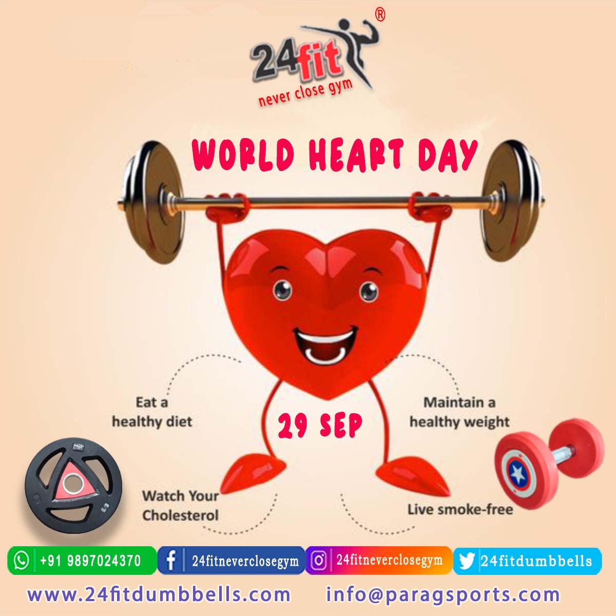 24fitdumbbells's tweet photo. World Heart Day is a global event that occurs on the 29 September
#WorldHeartDay #hearthealth #healthyheart #heartdisease #cardiovascularhealth #heartcare #heartstrong #24fit #24fitdumbbells #alwaysfirst #alwaysfirstindia #paragsports #dumbbell #workout #gymworkout #gymequipments https://t.co/wTTg0G1kA7