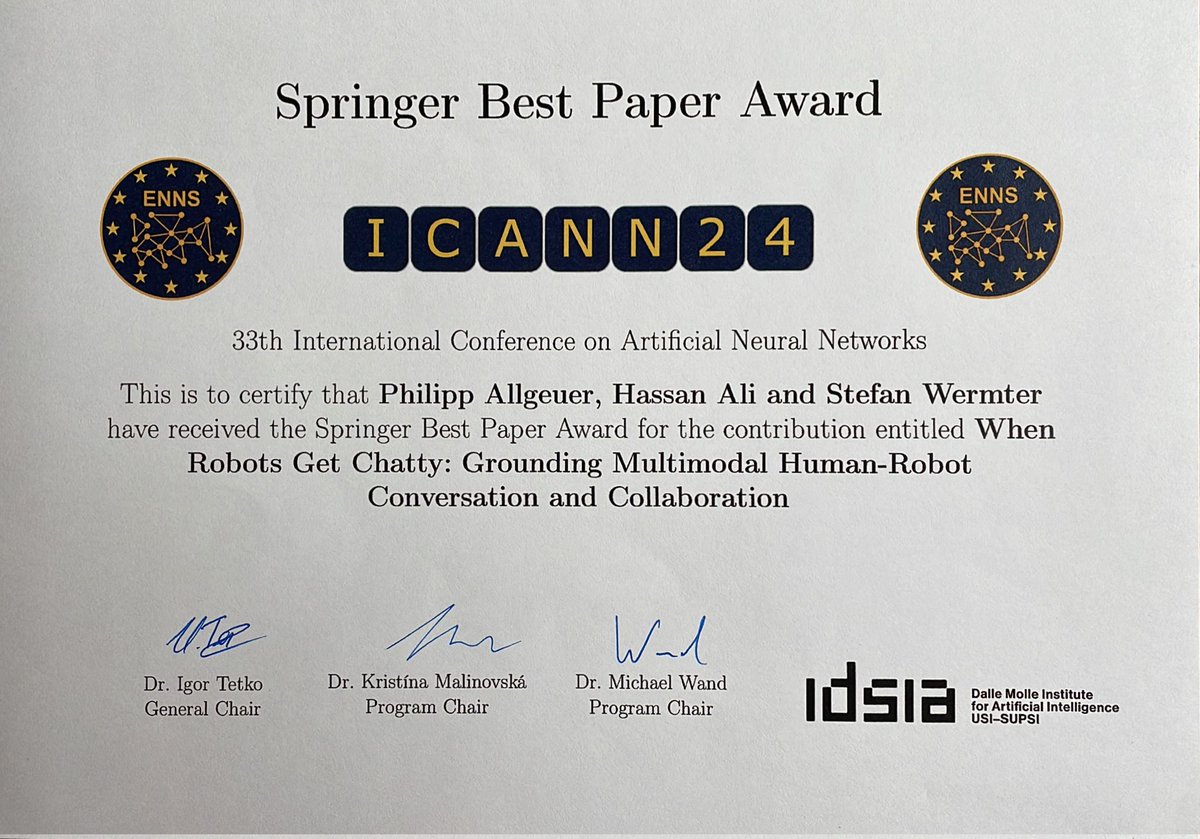 Great achievement with the Springer Best Paper Award at #ICANN in Lugano, Switzerland. Congrats to Philipp Allgeuer (1st author) and Stefan Wermter.

Paper: link.springer.com/chapter/10.100…
Video: youtube.com/watch?v=A2WLEu…
Code: link coming soon!
#AI #Robotics #ICANN2024