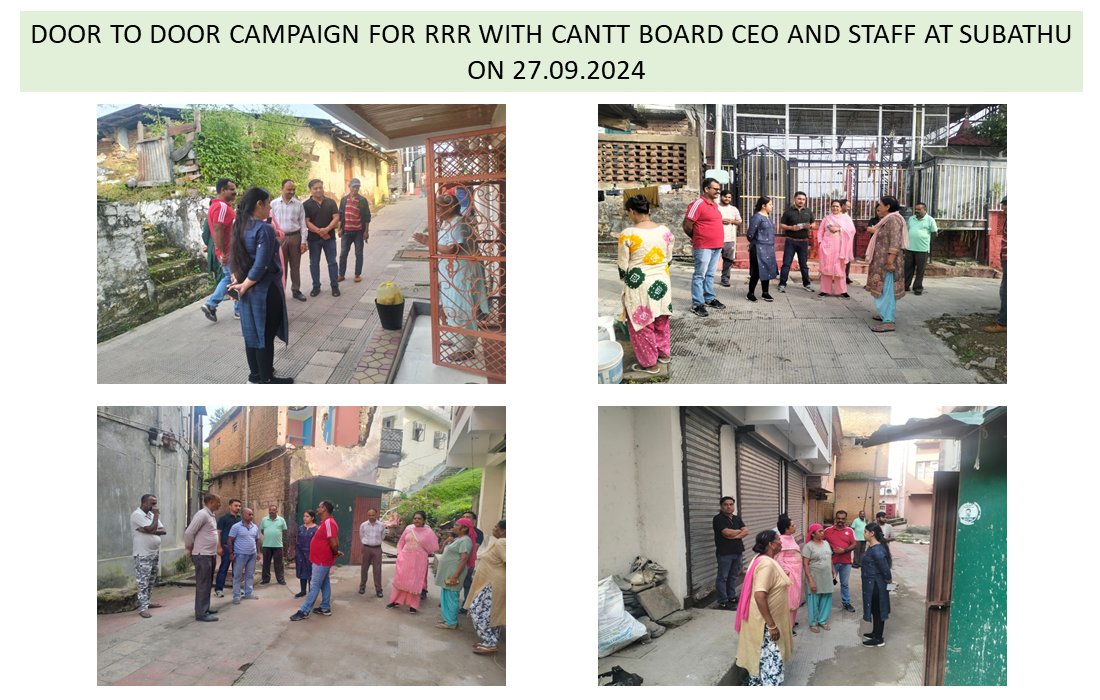 BoardSubathu's tweet photo. Promoting sustainability with a door-to-door campaign on Reduce, Reuse, Recycle led by our proactive Cantt Board CEO and dedicated staff.
#SwachhataHiSeva2024 #SwachhBharatMission #Subathu #SwachhBharat
@SpokespersonMoD
@prodefencechan1
@MoHUA_India https://t.co/PTaa6JvmGV
