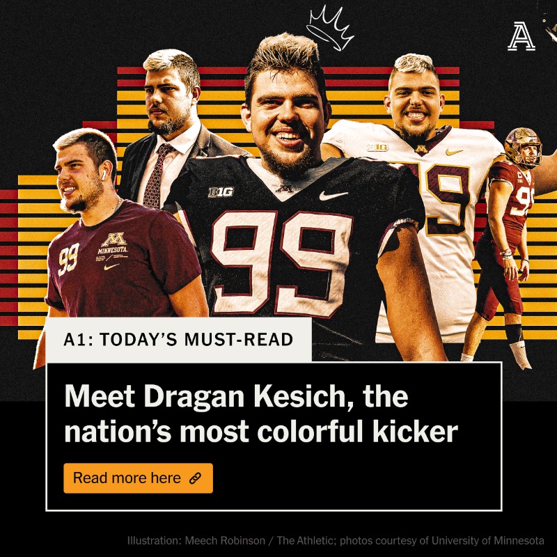 TheAthletic's tweet photo. He’s college football’s most colorful kicker. He's 6-foot-4 and 240 pounds. He claims he could beat a cheetah in a fight.

Meet @GopherFootball kicker Dragan Kesich aka “Dragon,” the reigning Big Ten kicker of the year.

✍️ @_Brian_Hamilton